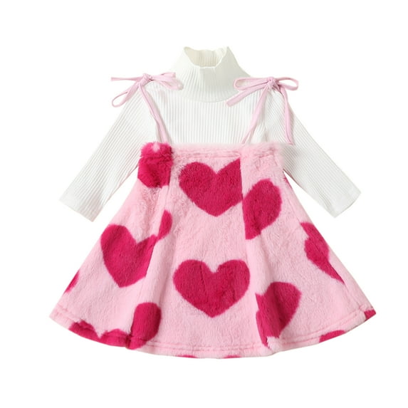 Elippeo Toddler Kid Girl Clothing Fall 2Pcs Outfit 6M 12M 18M 24M 3Y 4Y 5Y Ribbed Long Sleeve High Neck Pullover Tops Heart Print A-Line Slip Fuzzy Dress