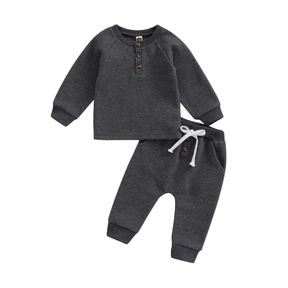 Elippeo Toddler Thicken Waffle Clothes Set 6M 12M 18M 24M 3Y Boy Girls Buttons Round Neck Long Sleeve Tops with Drawstring Elastic Waist Long Pants