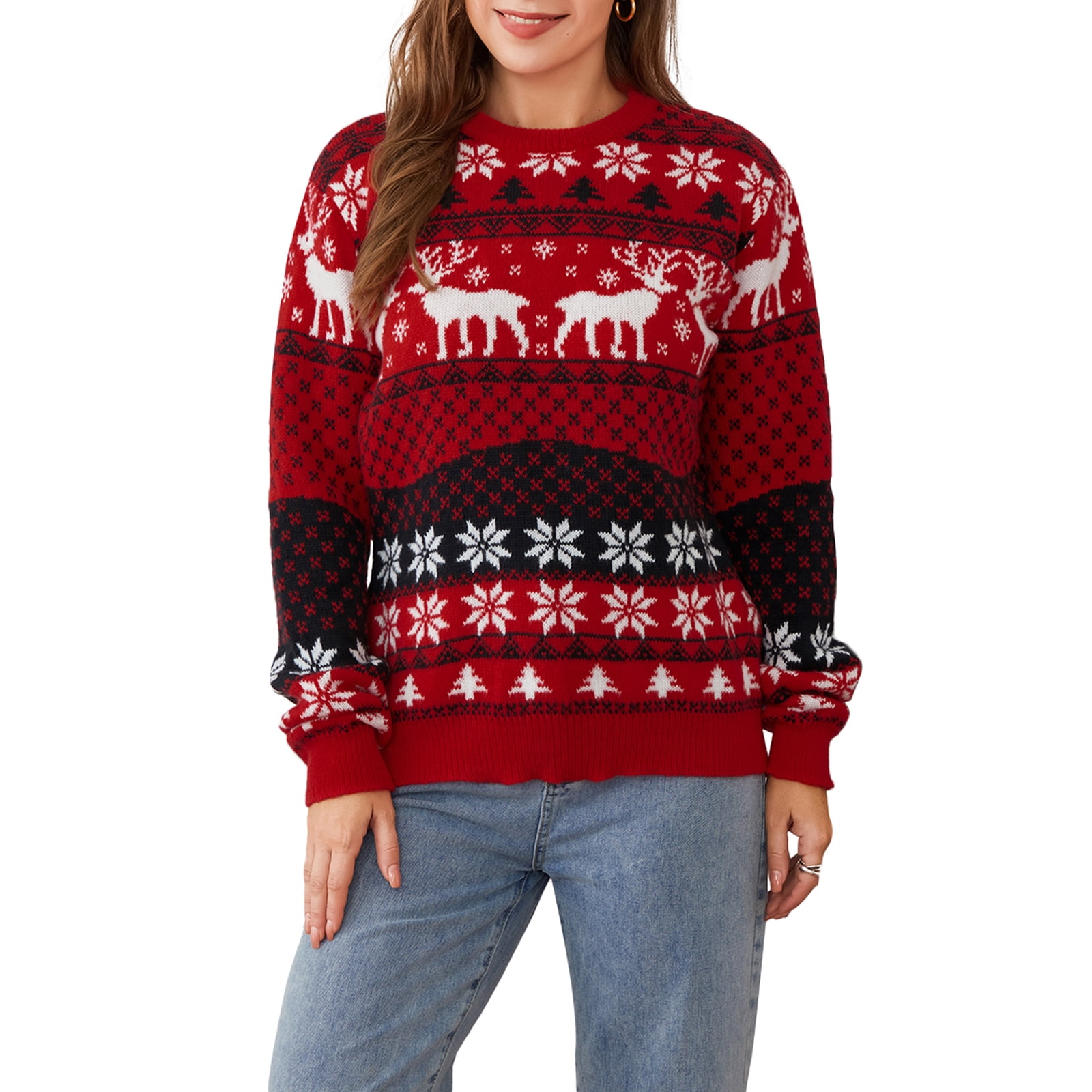 Elippeo Unisex Christmas Couple Sweater Long Sleeve Round Neck