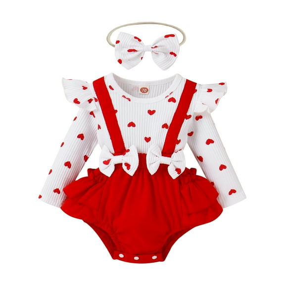 Elippeo Valentines Day Infant Girls Romper 3M 6M 9M 12M Heart Print Long Fly Sleeve Crew Neck Ruffles Jumpsuits Baby Bodysuits with Bow Headband