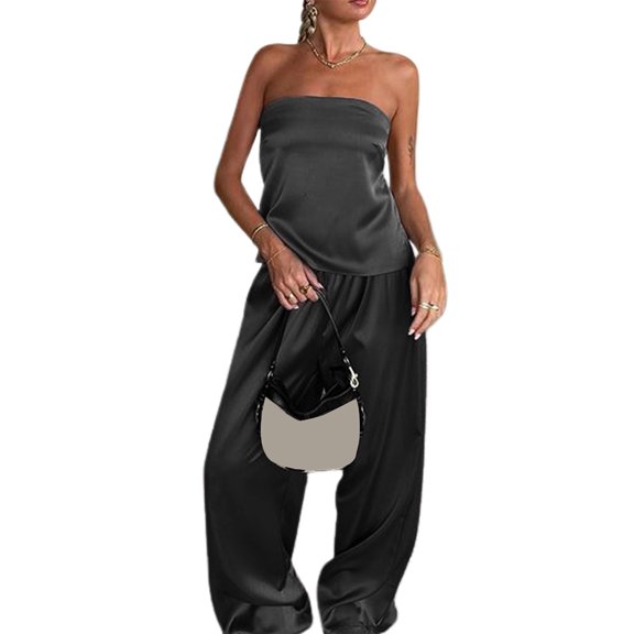 Elippeo Women 2 Piece Outfits Bandage Backless Bandeau Tops and Elastic Wide Leg Pants Set Streetwear Aesthetic Clothes