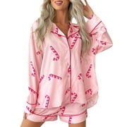Elippeo Women 2 Piece Pajama Set Dessert Print Long Sleeves Shirt and Elastic Shorts for Loungewear Soft Sleepwear