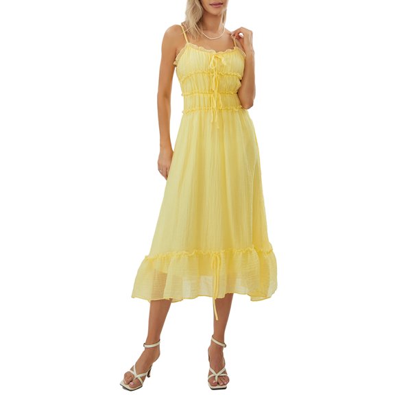 Elippeo Women Cami Dress Contrast Trim Tie-Up Sleeveless Spaghetti Strap Dress Summer Casual Backless Long Dress