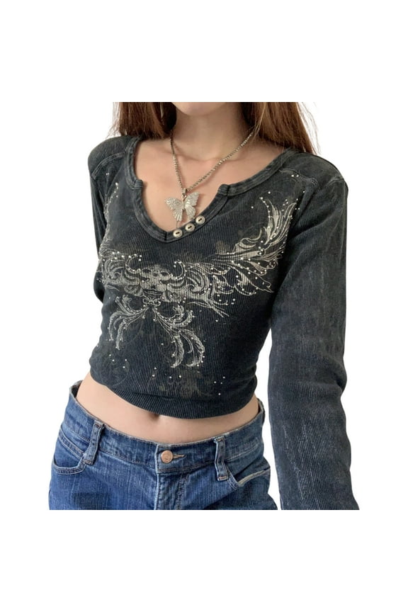 Women Crop Tops Graphic Print Y2K Grunge Clothes Aesthetic Fairycore Retro Tee Vintage Harajuku Cute Tshirts