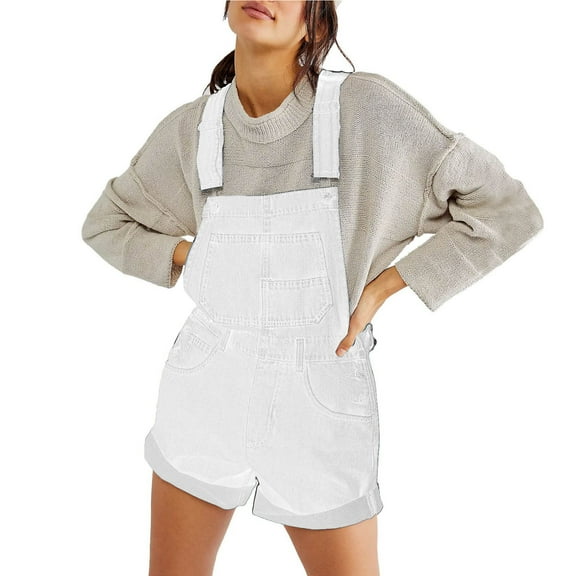 Elippeo Women Denim Bib Overalls Adjustable Straps Pocket Romper Shorts Casual Rolled Cuff Shortalls