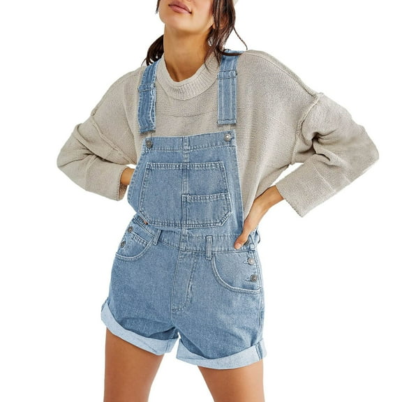 Elippeo Women Denim Bib Overalls Adjustable Straps Pocket Romper Shorts Casual Rolled Cuff Shortalls