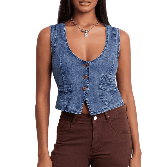Elippeo Women Denim Vest Sleeveless V Neck Button Vest Outwear Gilet with Pockets for Casual Street