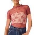 thumbnail image 1 of Elippeo Women Lace Top, Crew Neck Short Sleeve See-through Summer Sheer T-shirt Clubwear, 1 of 4