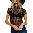 thumbnail image 1 of Elippeo Women Lace Top, Crew Neck Short Sleeve See-through Summer Sheer T-shirt Clubwear, 1 of 6