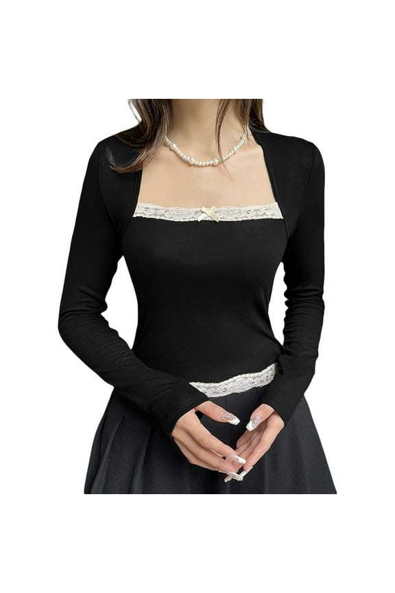 Women Lace Trim Suqare Collar T-shirt Korean Grunge Long Sleeve Slim Fit Tees Cottage Y2K Aesthetic Retro Milkmaid Crop Top