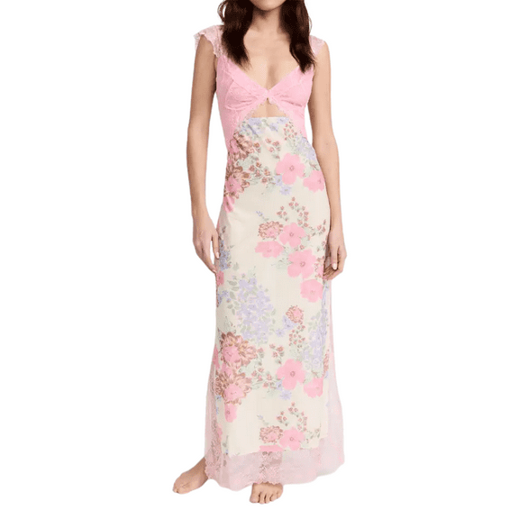 Elippeo Women Long Bodycon Dress Floral Print Lace Patchwork Cutout V-Neck Sleeveless Dress Summer Slit Backless Party Dress