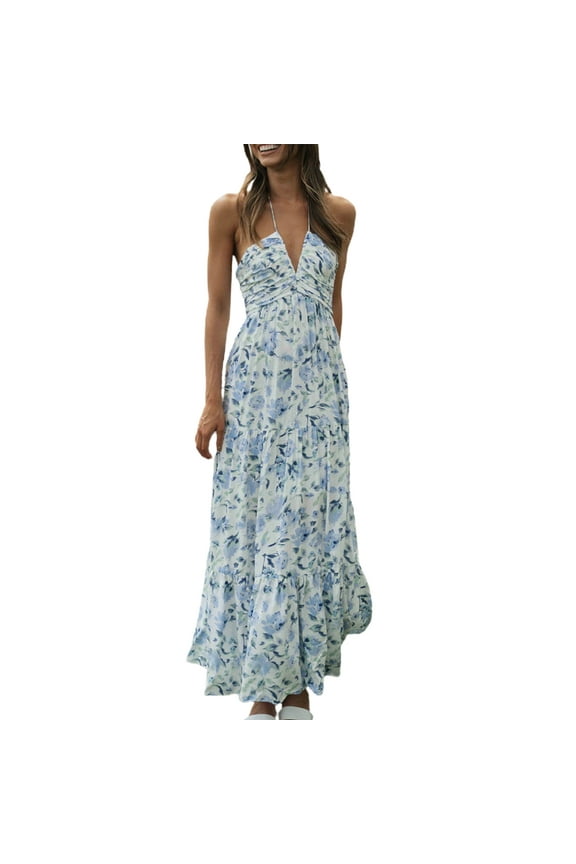 o Women Long Dress, Elegant Sleeveless Tie-up Halterneck Floral Dress Summer Swing Dress