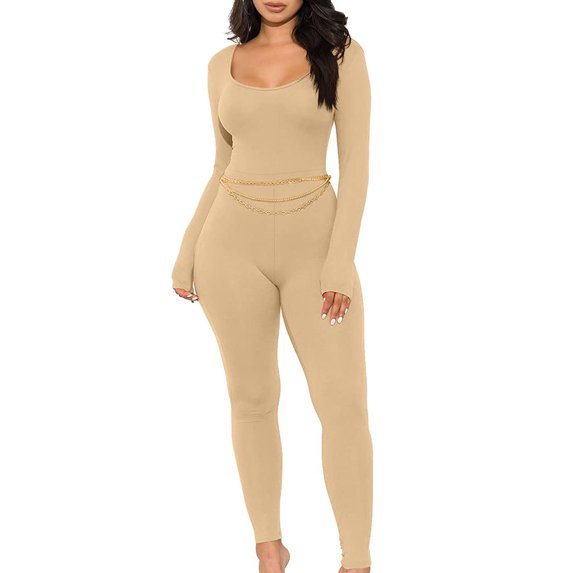 Elippeo Women Long Sleeve Bodycon Jumpsuits Square Neck Knitted Ribbed Rompers Workout Yoga One-Piece Bodysuit