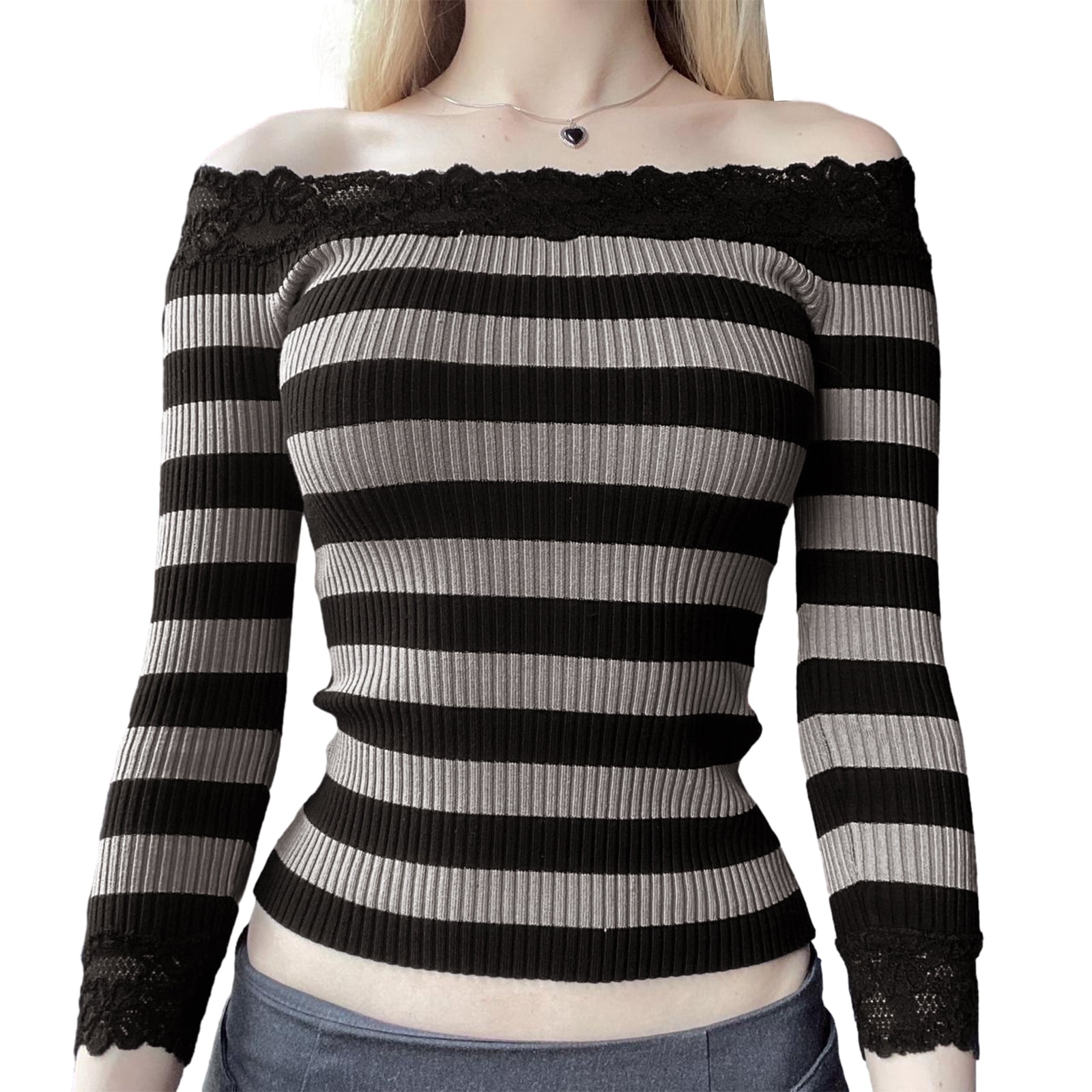 Elippeo Women Long Sleeve Shirt Striped Off-Shoulder Tops Casual