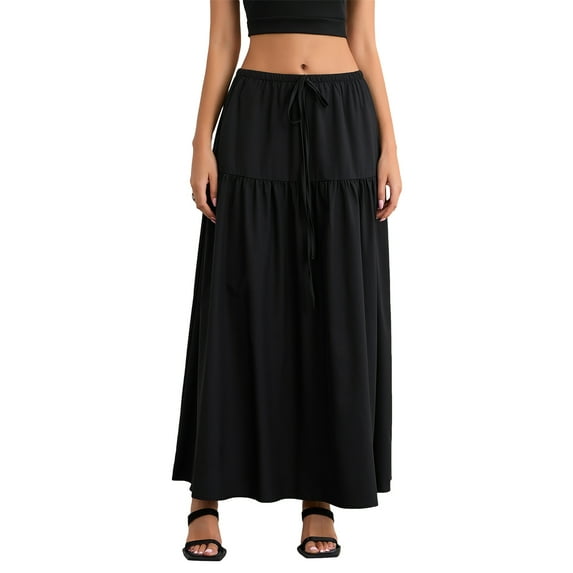 Elippeo Women Loose A-Line Skirt Solid Color Casual Summer Elastic Drawstring Skirt for Beaches Club Streetwear