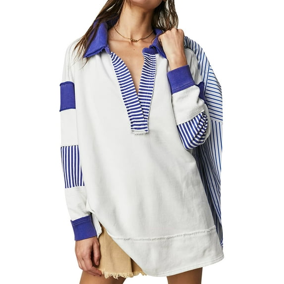 Elippeo Women Loose Shirt Contrast Colors Striped Long Sleeve Tops Casual Pullover for Fall Club Streetwear Aesthetic Clothes