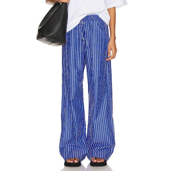 Elippeo Women Loose Wide Leg Pants Casual Stripe Print Elastic Drawstring Trousers with Pockets for Work Office Streetwear