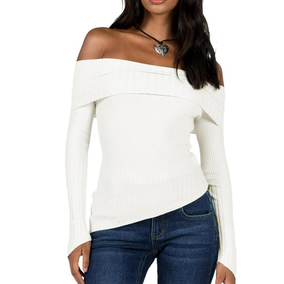 Elippeo Women Off shoulder Shirt Casual Solid Color Asymmetrical Knitted Long Sleeve Pullover Tops for Club Streetwear