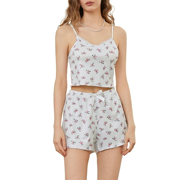 Elippeo Women Pajamas Set 2 Pieces Loungewear Suits Floral Print Lace Trim Camisoles Tank Tops and Shorts Sleepwear Outfits