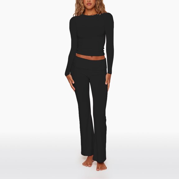 Elippeo Women Pants Suit, Elegant Long Sleeve Crew Neck T-shirt with Low Waist Flare Pants Office Outfit