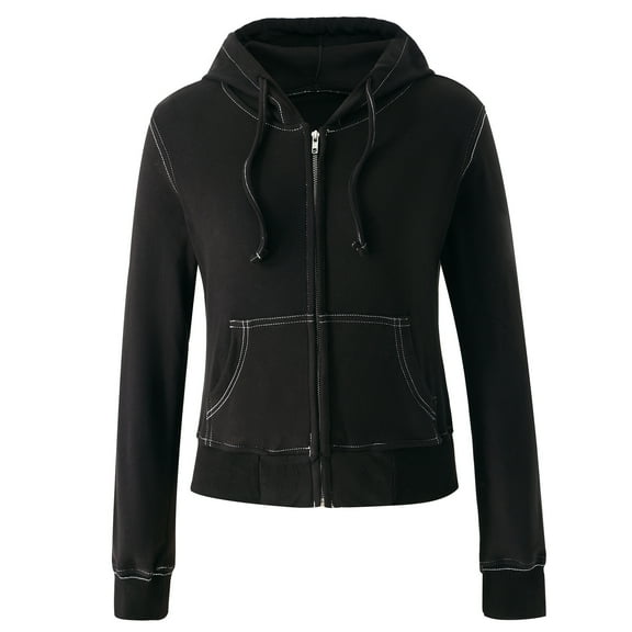 Elippeo Women Sewing Thread Coat 2000s Aesthetic Women Long Sleeve Crop Tops with Pockets y2k Grunge Zipper Hooded Jacket Streetwear