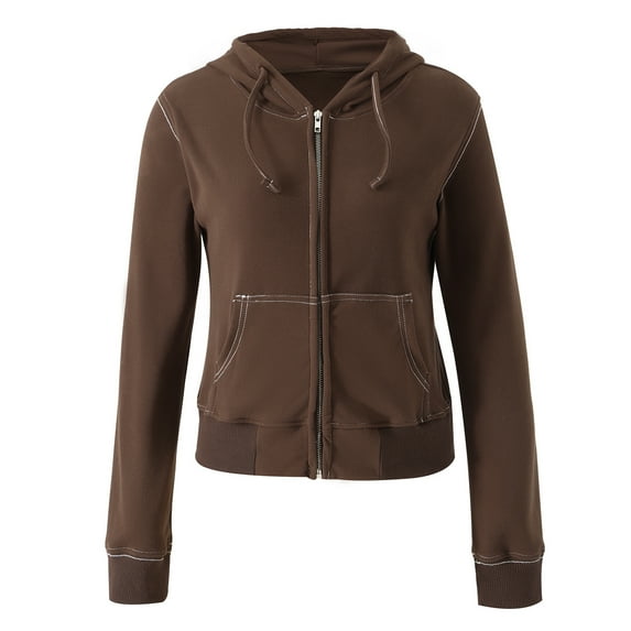 Elippeo Women Sewing Thread Coat 2000s Aesthetic Women Long Sleeve Crop Tops with Pockets y2k Grunge Zipper Hooded Jacket Streetwear