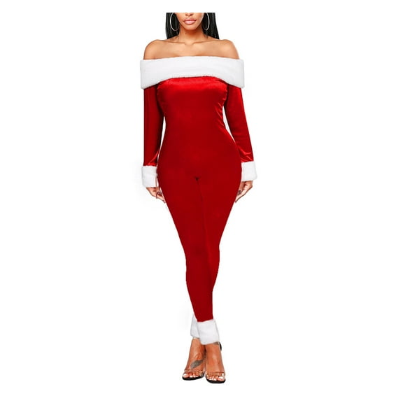 Elippeo Women Sexy Christmas Costumes Velvet Red Off Shoulder Long Sleeves Bodycon Romper Festival Party Clubwear