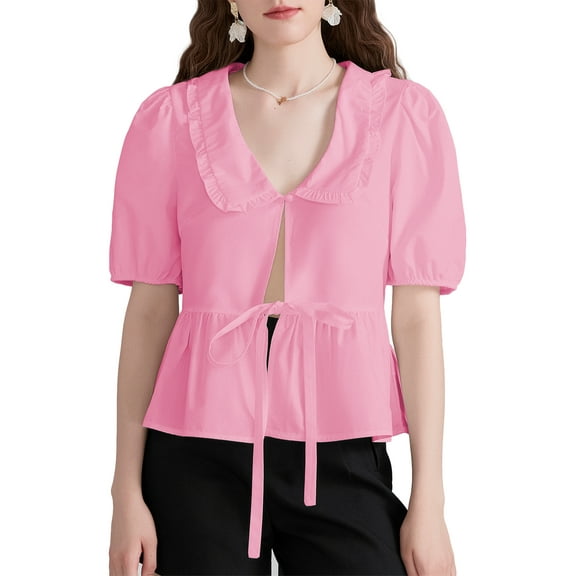 Elippeo Women Short Sleeve Shirts Solid Color Doll Collar Front Bowknot Tie-Up Fashion Blouses Summer Casual Tops