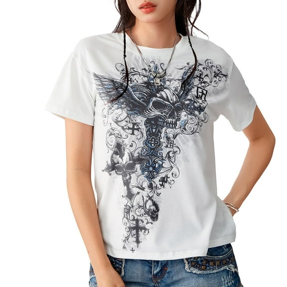 Elippeo Women Short Sleeve T-Shirts Skull Print Crew Neck Shirts Summer Casual Loose Fit Tops Streetwear