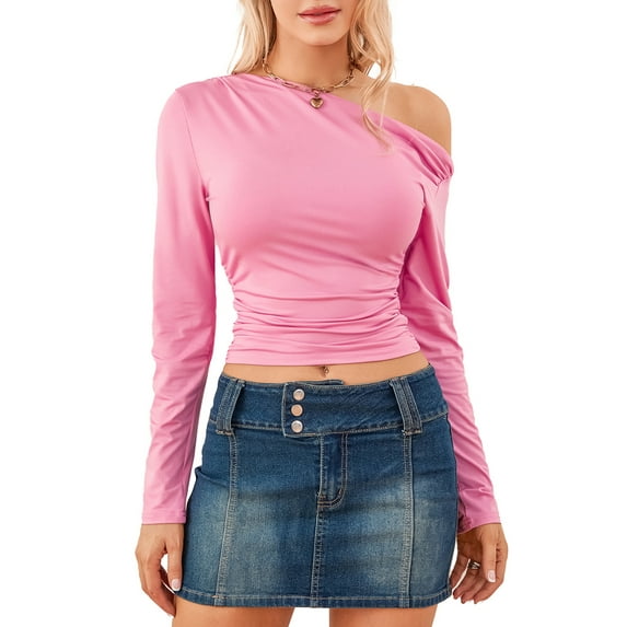 Elippeo Women Solid Color Crop Tops Oblique Shoulder Long Sleeve T-Shirts Spring Fall Slim Fit Shirts Streetwear