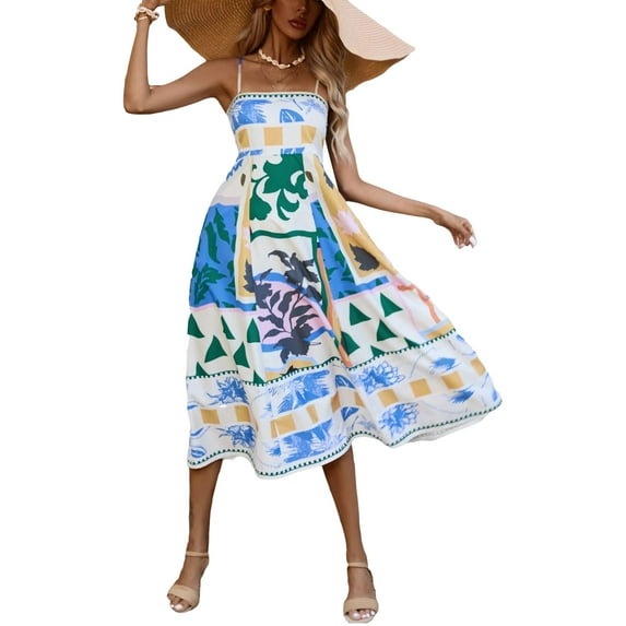 Elippeo Women Summer Casual A-line Dress Print Spaghetti Strap Backless Midi Dress Fashion Sleeveless Cami Dress