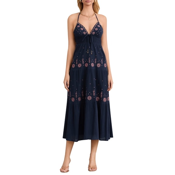 Elippeo Women Summer Casual Long Dress Flower Embroidery Tie-Up Halter Neck Sleeveless Dress Fashion Backless A-line Dress