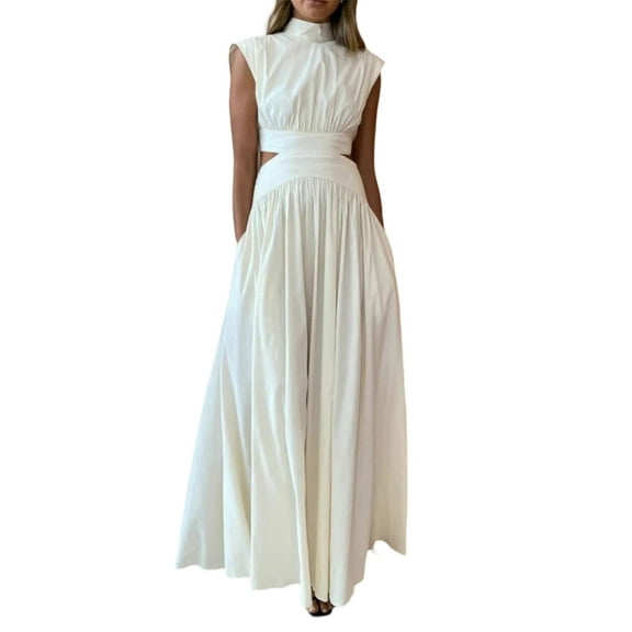 Elippeo Women Summer Casual Long Dress Solid Color Stand Collar Waist Hollow-Out Sleeveless Dress Beach Holiday Loose Dress