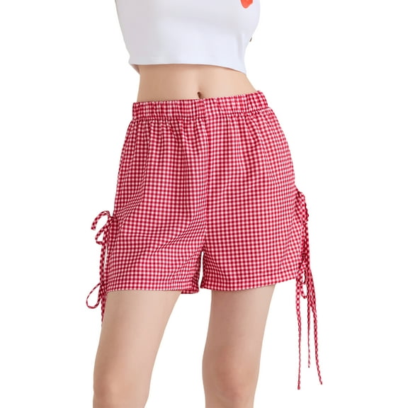 Elippeo Women Summer Plaid Shorts Casual Bows Cutouts Elastic Short Pants for Vacation Beach Nightclub Streetwear