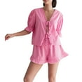 thumbnail image 1 of Elippeo Women Summer Shorts Outfits Plaid Front Tie-Up Short Sleeve Shirts Tops Elastic Waist Shorts 2 Pieces Clothes Set, 1 of 5