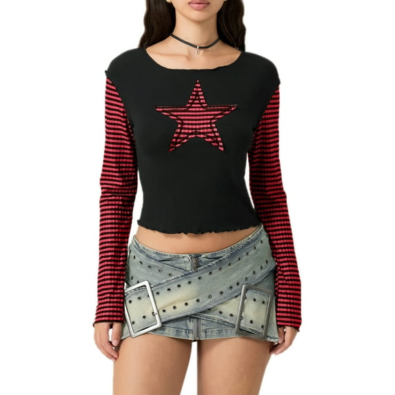 Elippeo Women T-shirt Long Sleeve Crew Neck Star Stripes Slim Fit Ladies Tops for Casual Daily