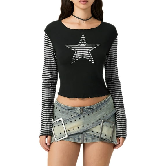 Elippeo Women T-shirt Long Sleeve Crew Neck Star Stripes Slim Fit Ladies Tops for Casual Daily