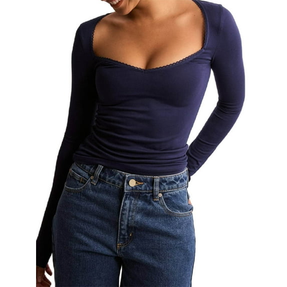 Elippeo Women T-shirt Long Sleeve Low-cut Lace Trim Solid Slim Fit Ladies Fall Tops Streetwear