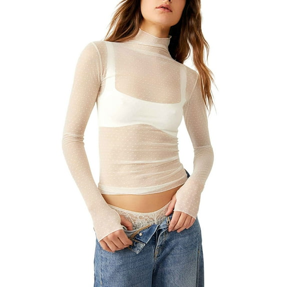 Elippeo Women T-shirt, Long Sleeve Turtleneck Swiss Dots See-through Slim Fit Sheer Tops Clubwear