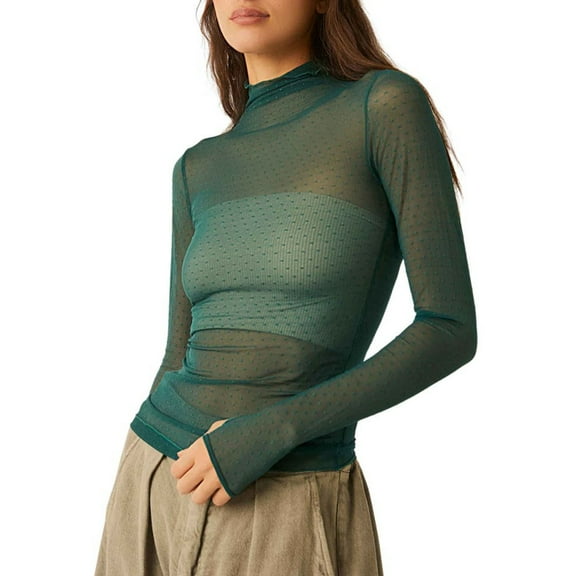 Elippeo Women T-shirt, Long Sleeve Turtleneck Swiss Dots See-through Slim Fit Sheer Tops Clubwear