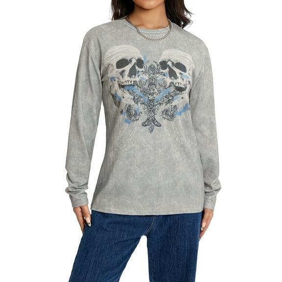 Elippeo Women Trendy T-Shirt, Halloween Skulls Cross Print Round Neck Long Sleeve Relax Fit Casual Tops for Females