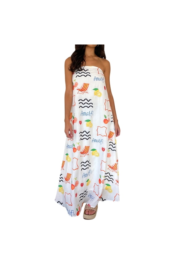 Women Tube Dress, Strapless Backless Fruit Print Swing Dress Loose Summer Long Dress
