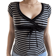 Elippeo Women V Neck Tie Up Bandage Striped T Shirt Cute Indie Goth Mall Crop Tops 90s Vintage Fairy Grunge Milkmaid Top Tees Clothing