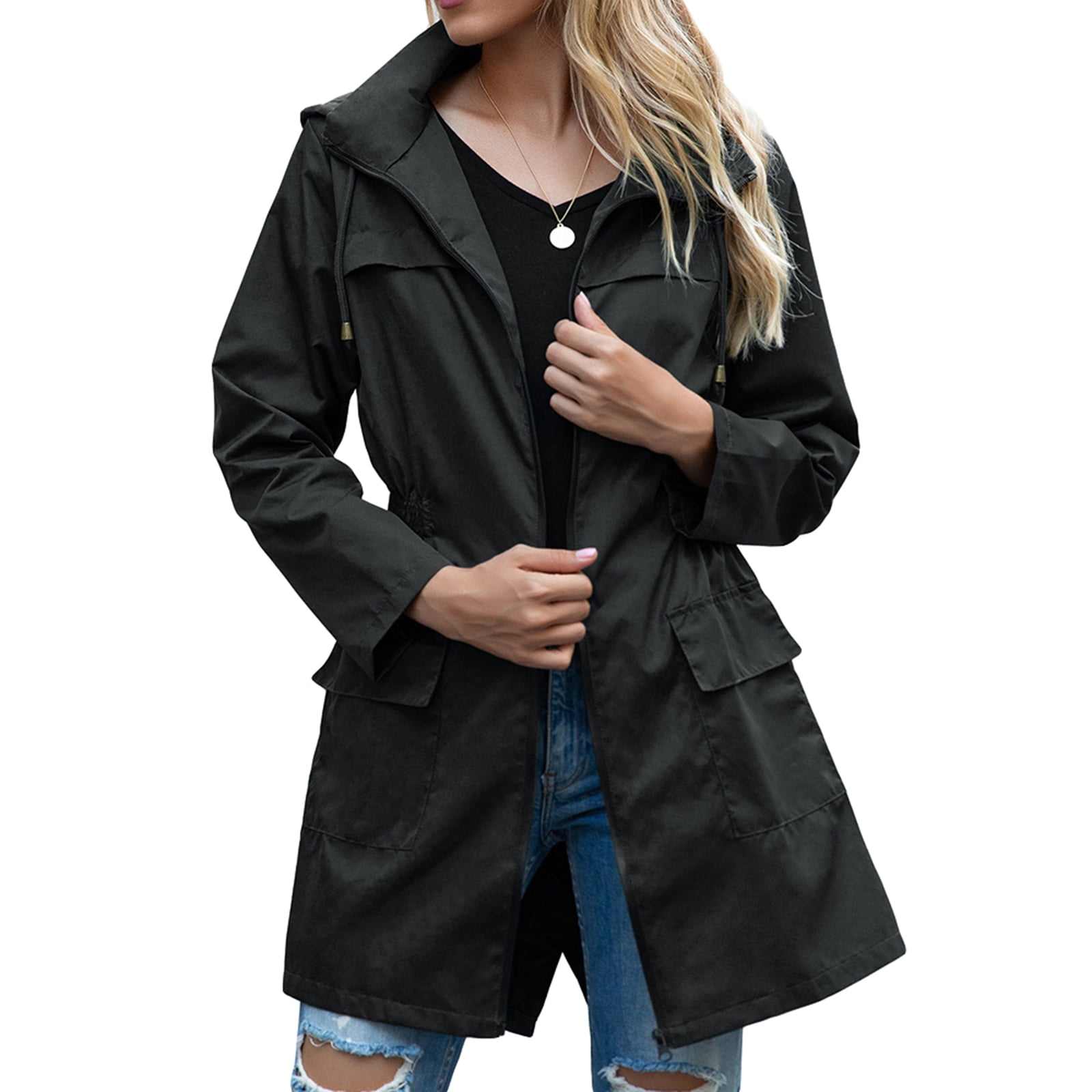 Elippeo Women Waterproof Jacket Outdoor Trench Raincoat with Hood Long Sleeve Lightweight