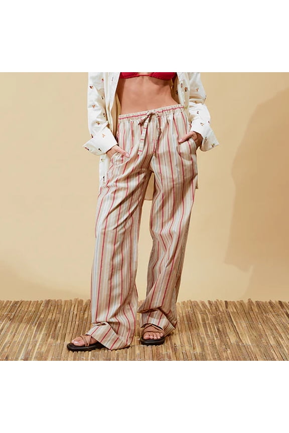 Women Wide Leg Pants Casual Vertical Stripe Print Elastic High Waist Loose Trousers for Work Office Streetwear