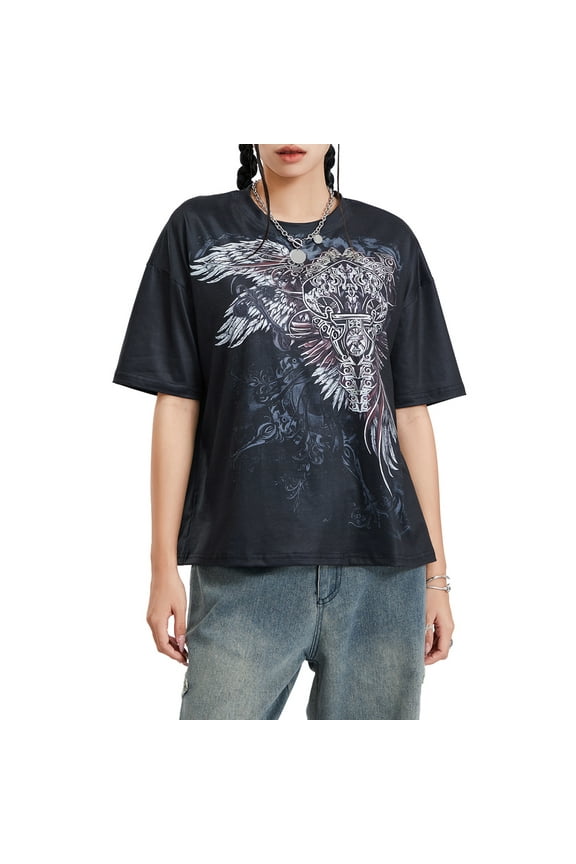 Women Y2K Aesthetic Graphic Print O Neck Long Sleeve Pullover Tops Gothic T-shirt for Women Clothes Cyber Y2K Grunge Tees Streetwear