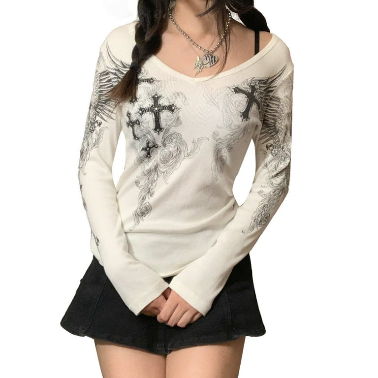 新品　rurumu: fairy printed long sleeve tee Aunavey Women Teen Girls Fairy Grunge Top Y2k Long Sleeve