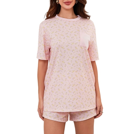 Elippeo Women's 2 Piece Lounge Set Short Sleeve Crewneck Floral Tops Drawstring Shorts Sleepwear Sets