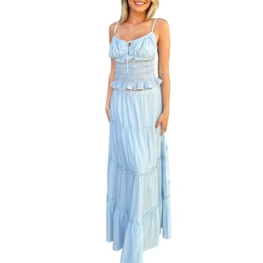 Elippeo Women's 2 Piece Skirts Outfits Solid Color Ruched Tie-Up Front Sleeveless Cami Tops Long Skirts Clothes Set