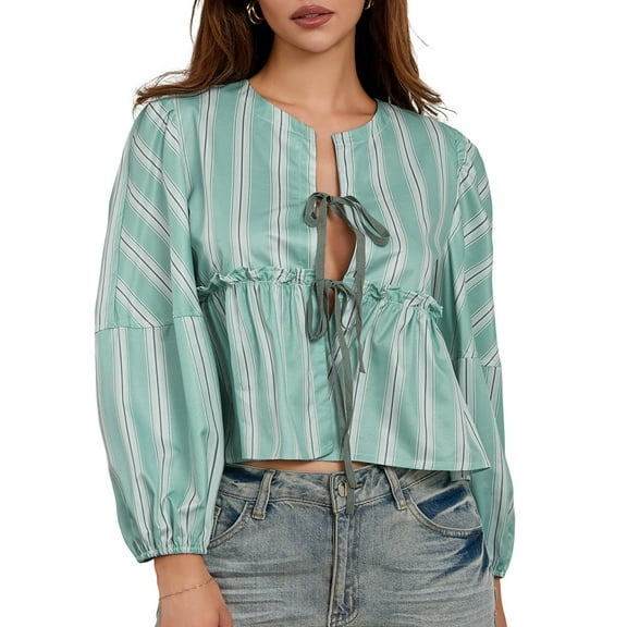 Elippeo Women's Babydoll Tops Loose Fitting Striped Collared Front Tie-Up Long Sleeve Ruffled Blouse for Summer